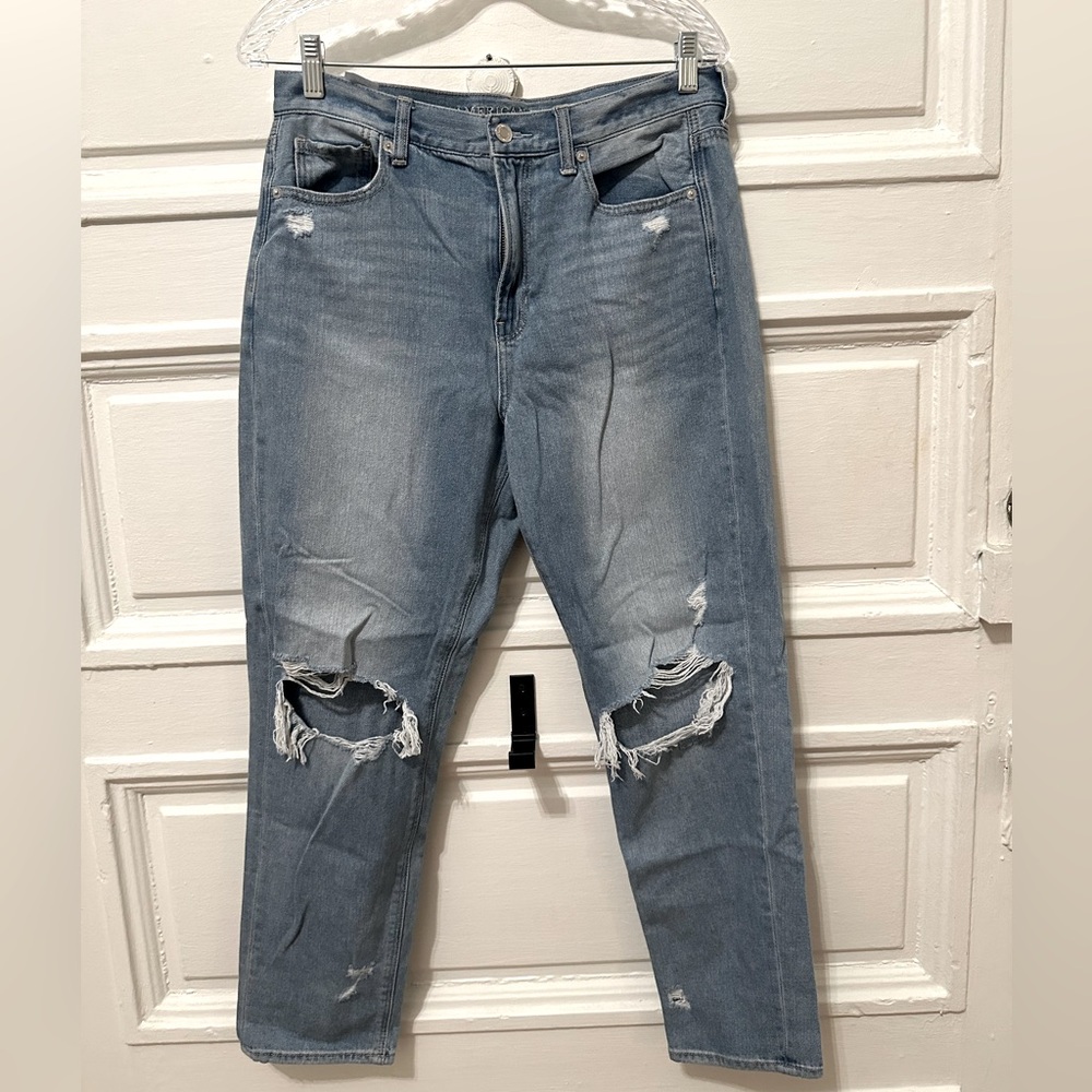 American Eagle medium wash destroyed straight leg jeans